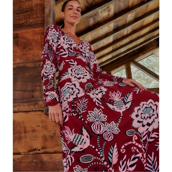 FARM RIO Burgundy Pineapple Inspiration Floral Print V Neck Open Back Maxi Dress - Picture 7 of 11